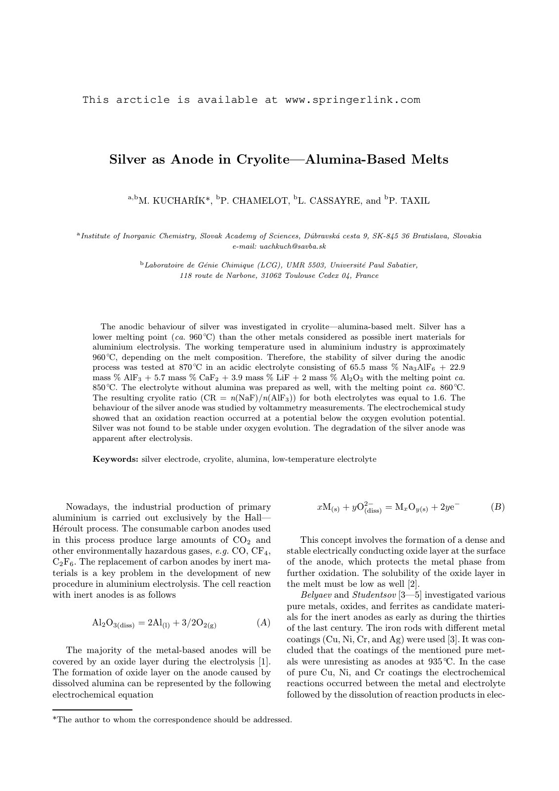 First page of Silver as anode in cryolite alumina base