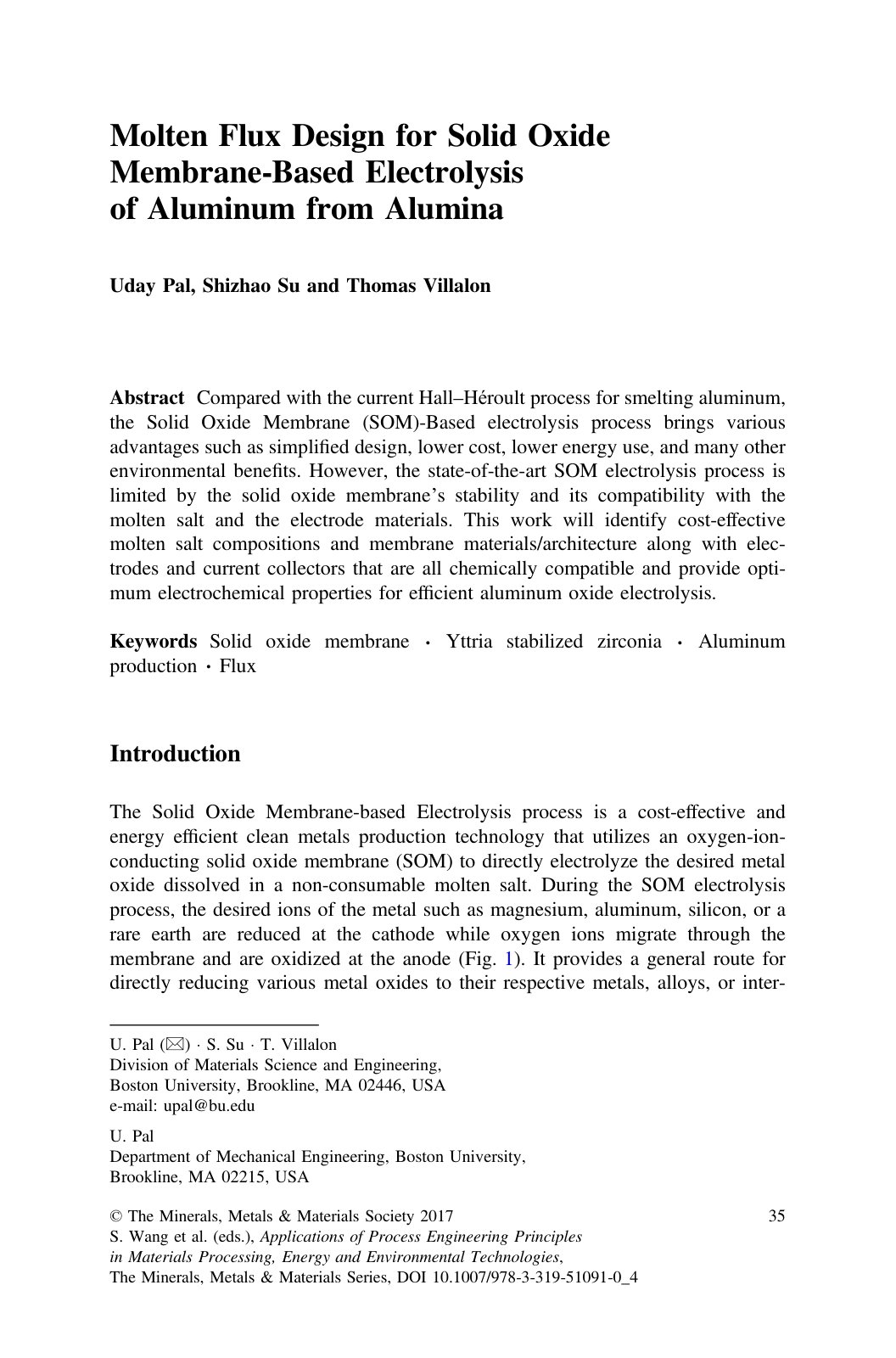 First page of Molten Flux Design for Solid Oxide Membrane-Based Electrolysis of Aluminum from Alumina