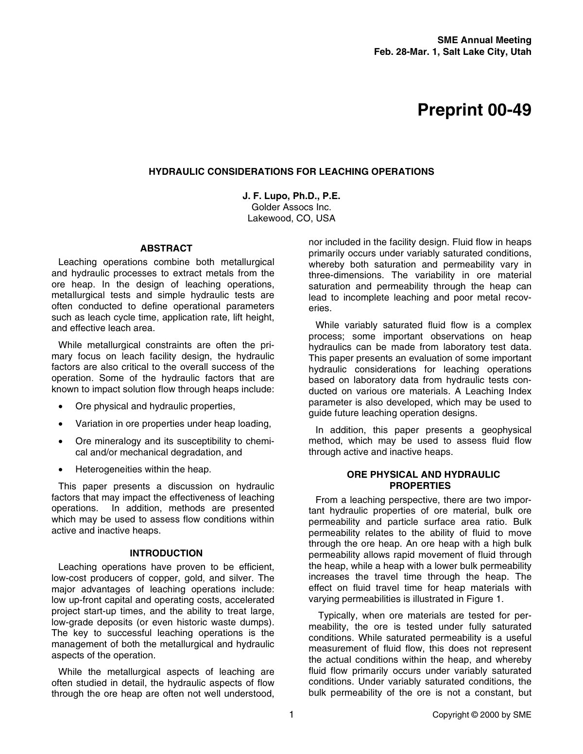 First page of HYDRAULIC CONSIDERATIONS FOR LEACHING OPERATIONS