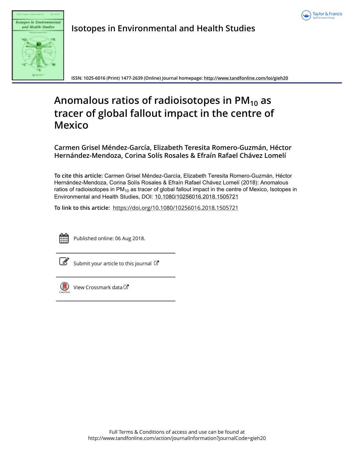 First page of Anomalous ratios of radioisotopes in PM10 as tracer of global fallout impact in the centre of Mexico