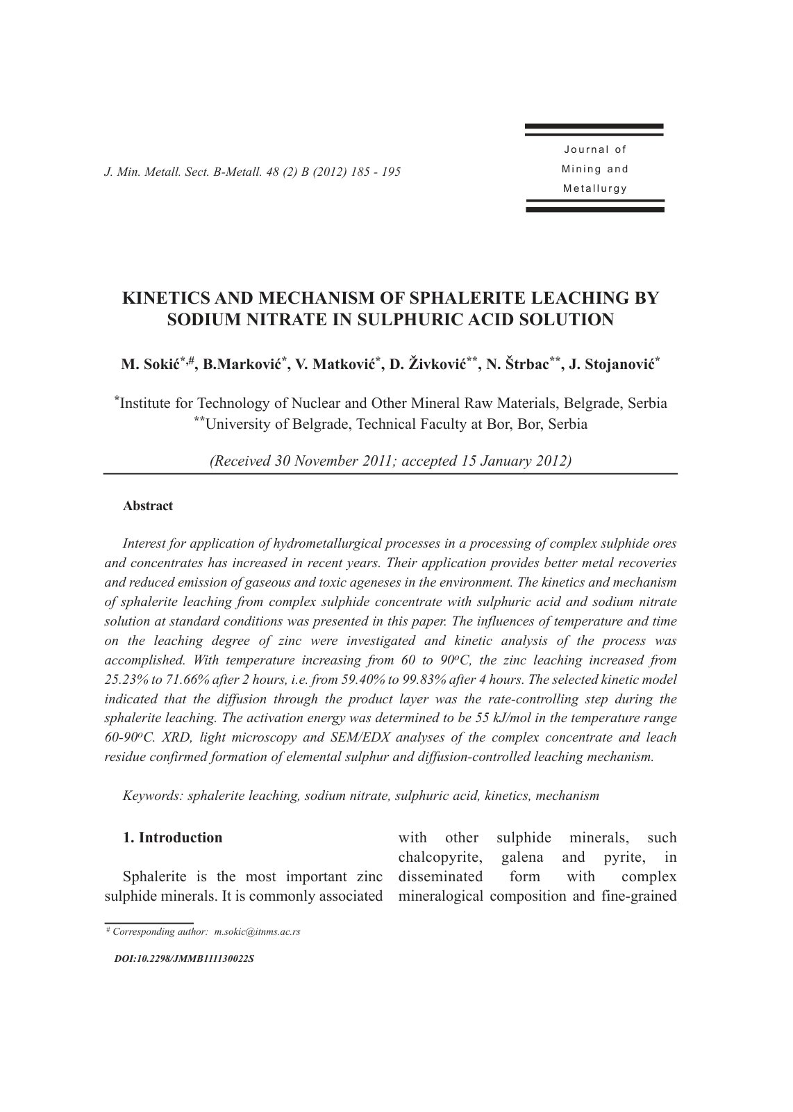 First page of KINETICS AND MECHANISM OF SPHALERITE LEACHING BY SODIUM NITRATE IN SULPHURIC ACID SOLUTION