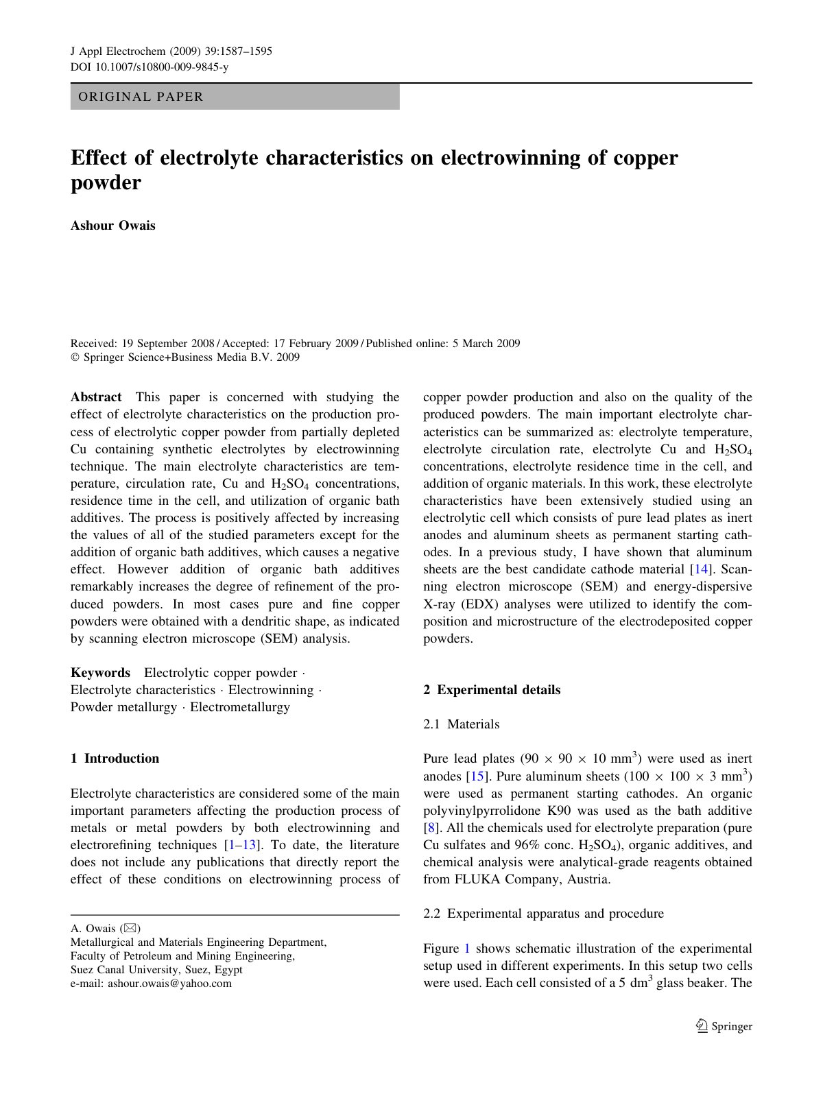 First page of Effect of electrolyte characteristics on electrowinning of copper powder