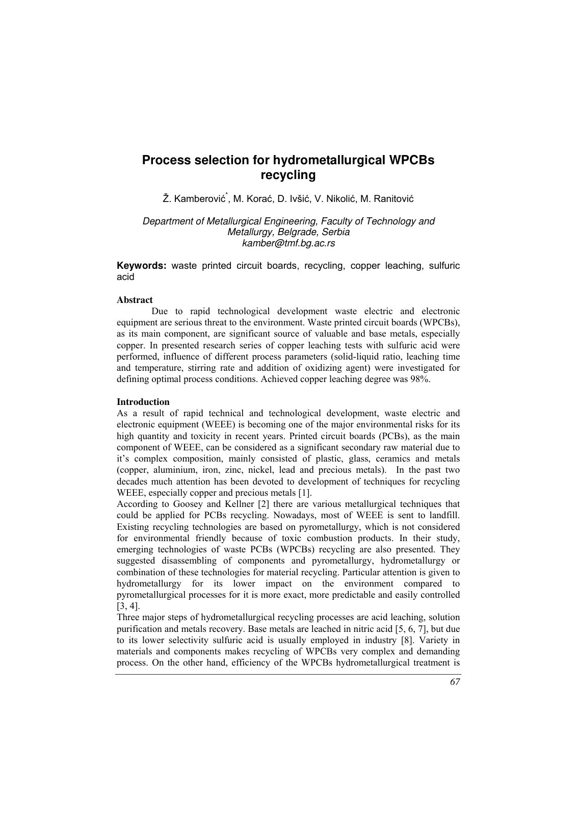 First page of Process selection for hydrometallurgical WPCBs recycling