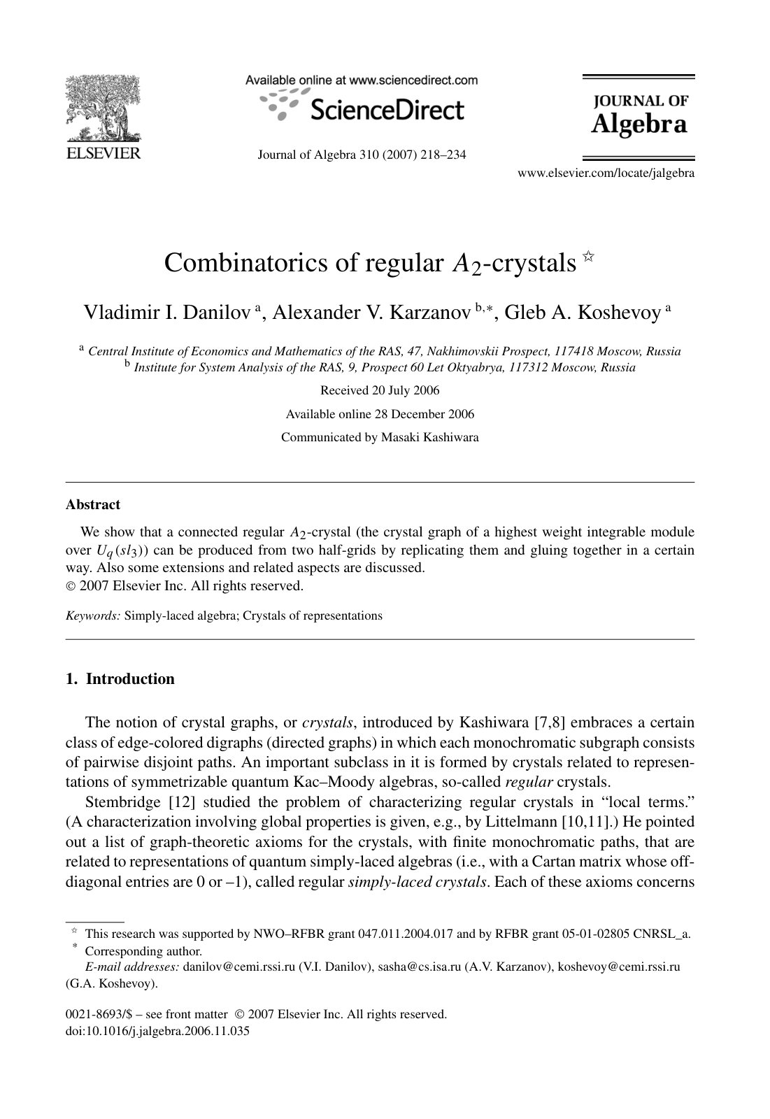 First page of Combinatorics of regular A2 crystals