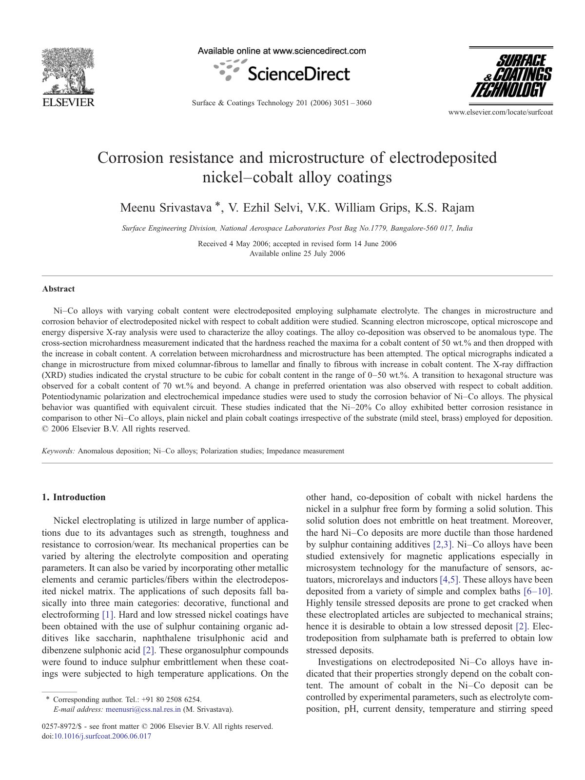 First page of Corrosion resistance and microstructure of electrodeposited nickel–cobalt alloy coatings