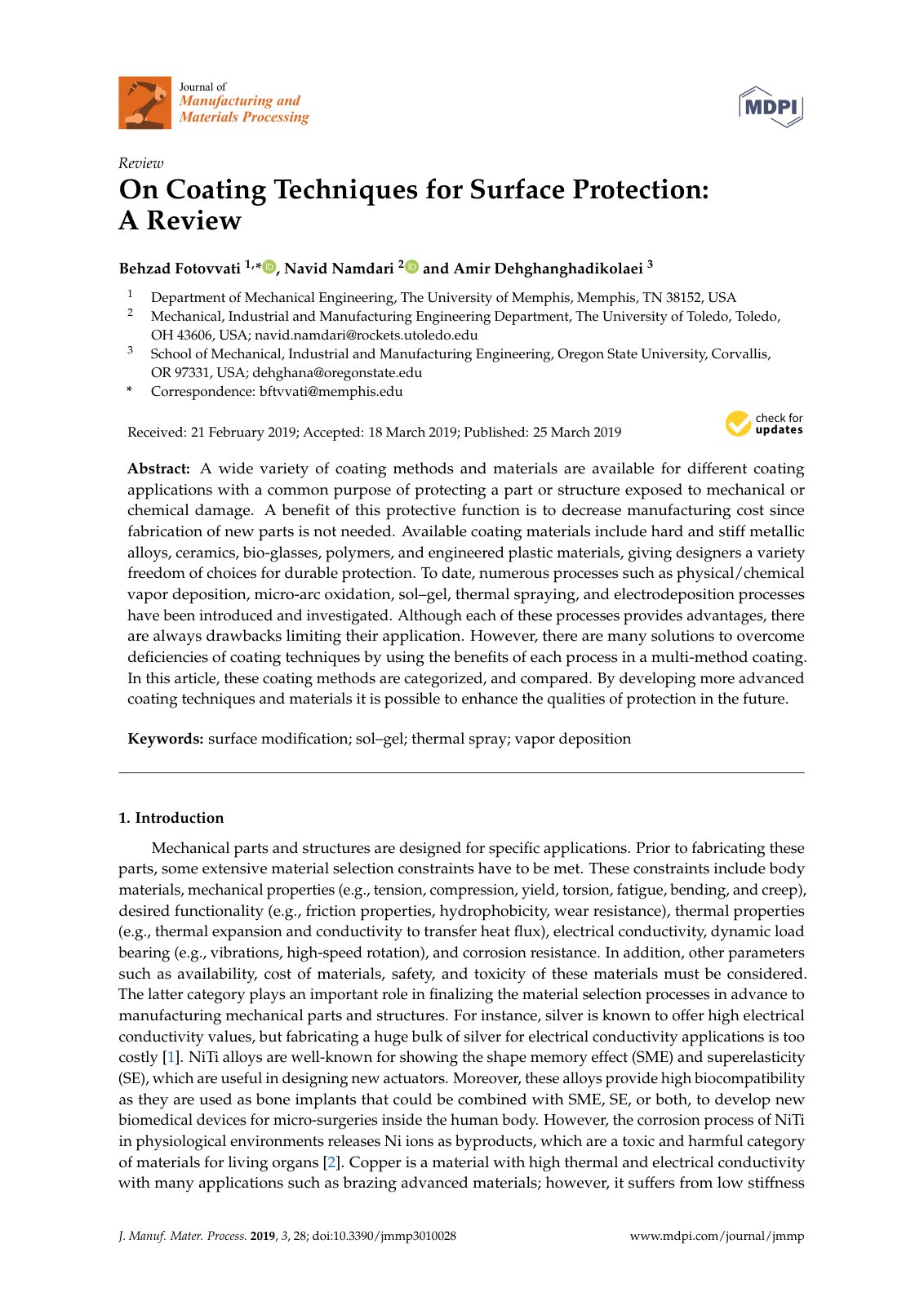 First page of On Coating Techniques for Surface Protection: A Review
