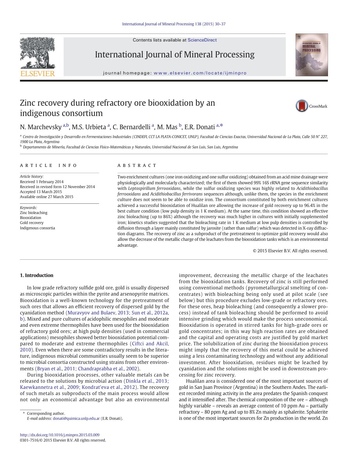 First page of Zinc recovery during refractory ore bioo
