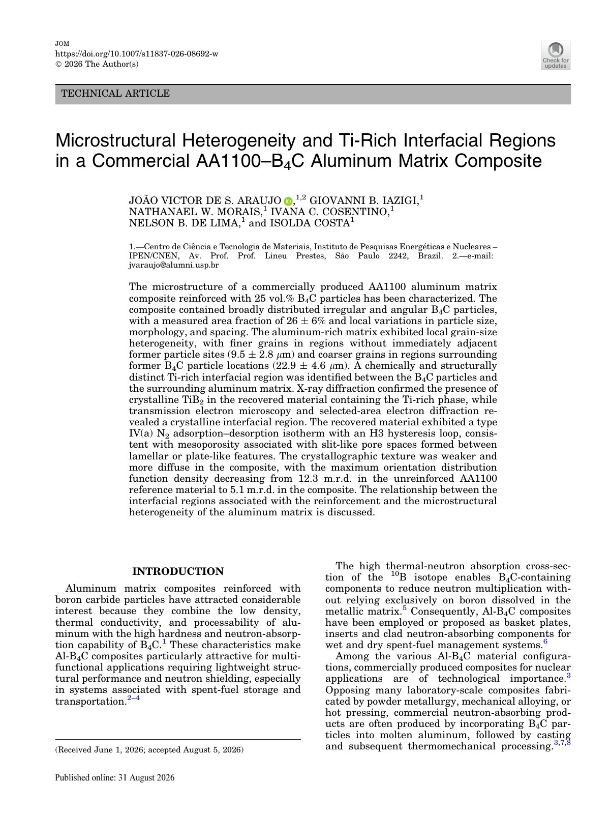 First page of 2026 Araujo AA1100 B4C Composite Microstructure