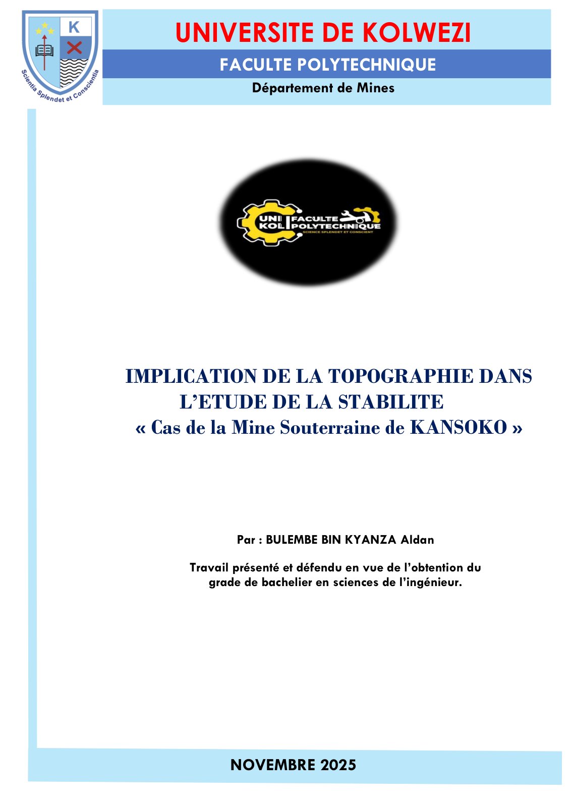 First page of IMPLICATION DE LA TOPOGRAPHIE DANS L’ETUDE DE LA STABILITE « Cas de la Mine Souterraine de KANSOKO »