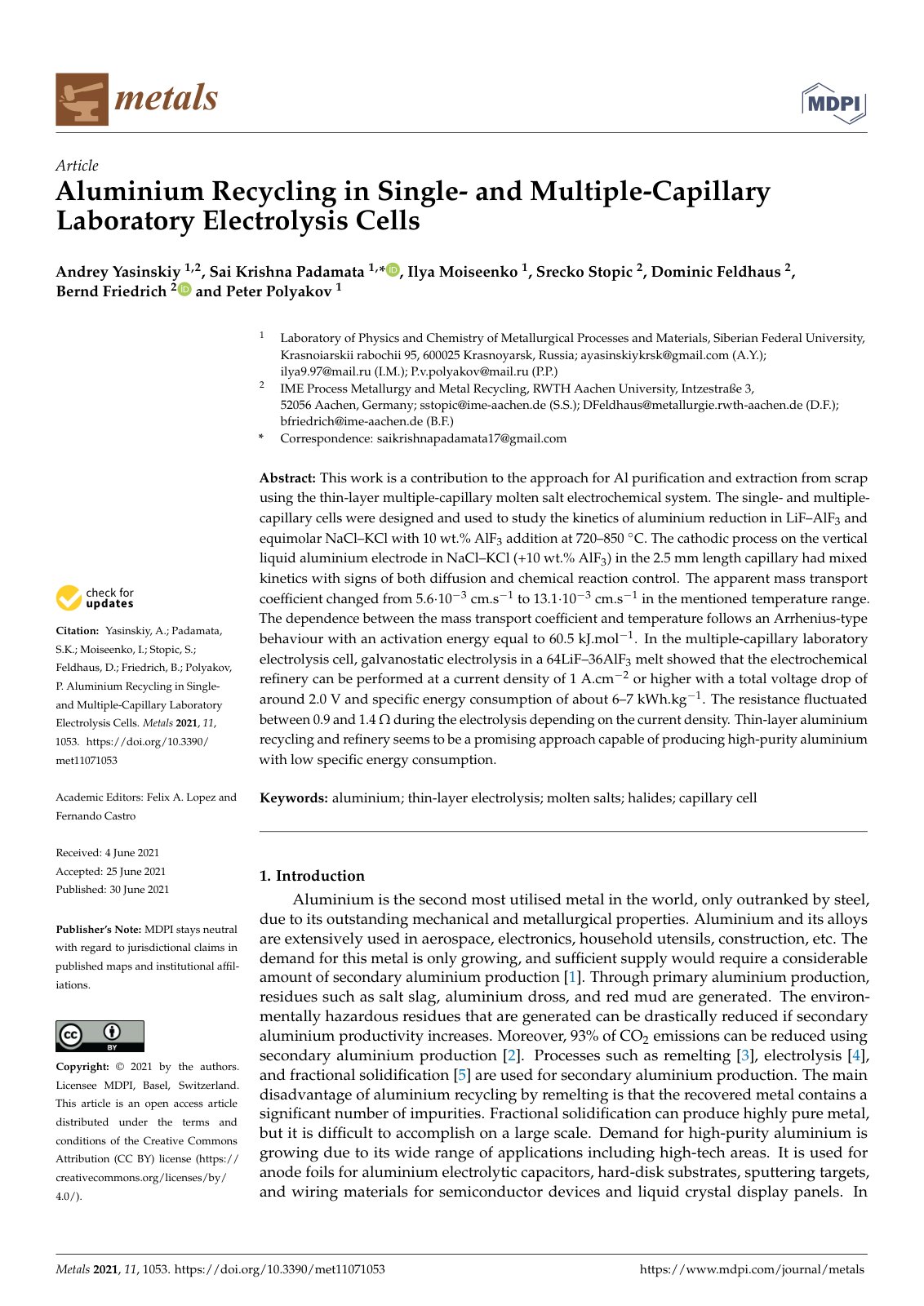 First page of Aluminium Recycling in Single and Multip