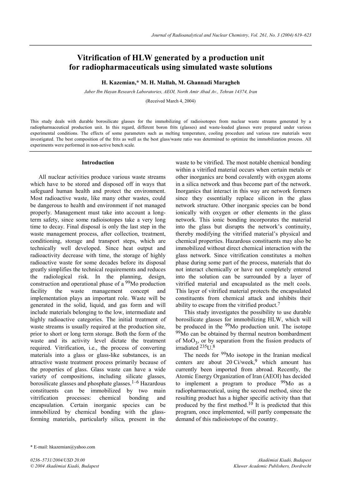 First page of Vitrification of HLW generated by a prod