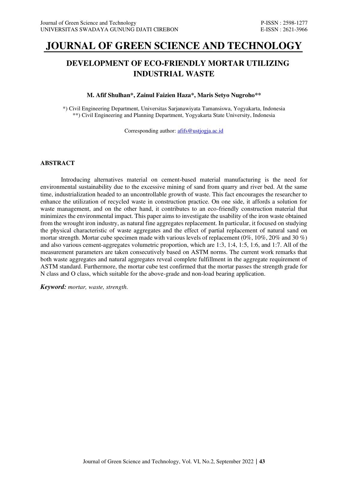 First page of Development of Eco-Friendly Mortar Utilizing Industrial Waste
