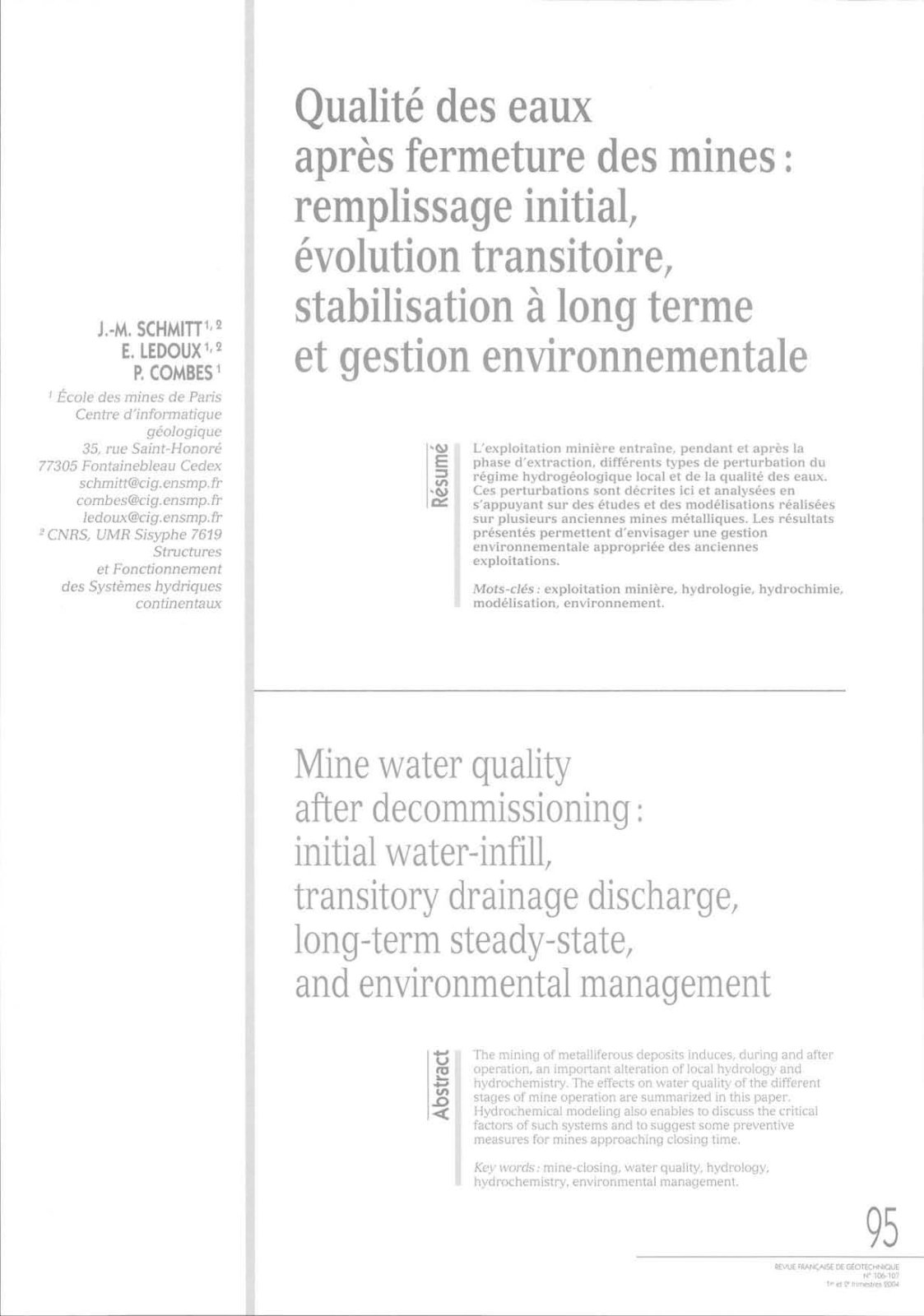 First page of Qualité des eaux après fermeture des mines : remplissage initial, évolution transitoire, stabilisation à long terme et gestion environnementale