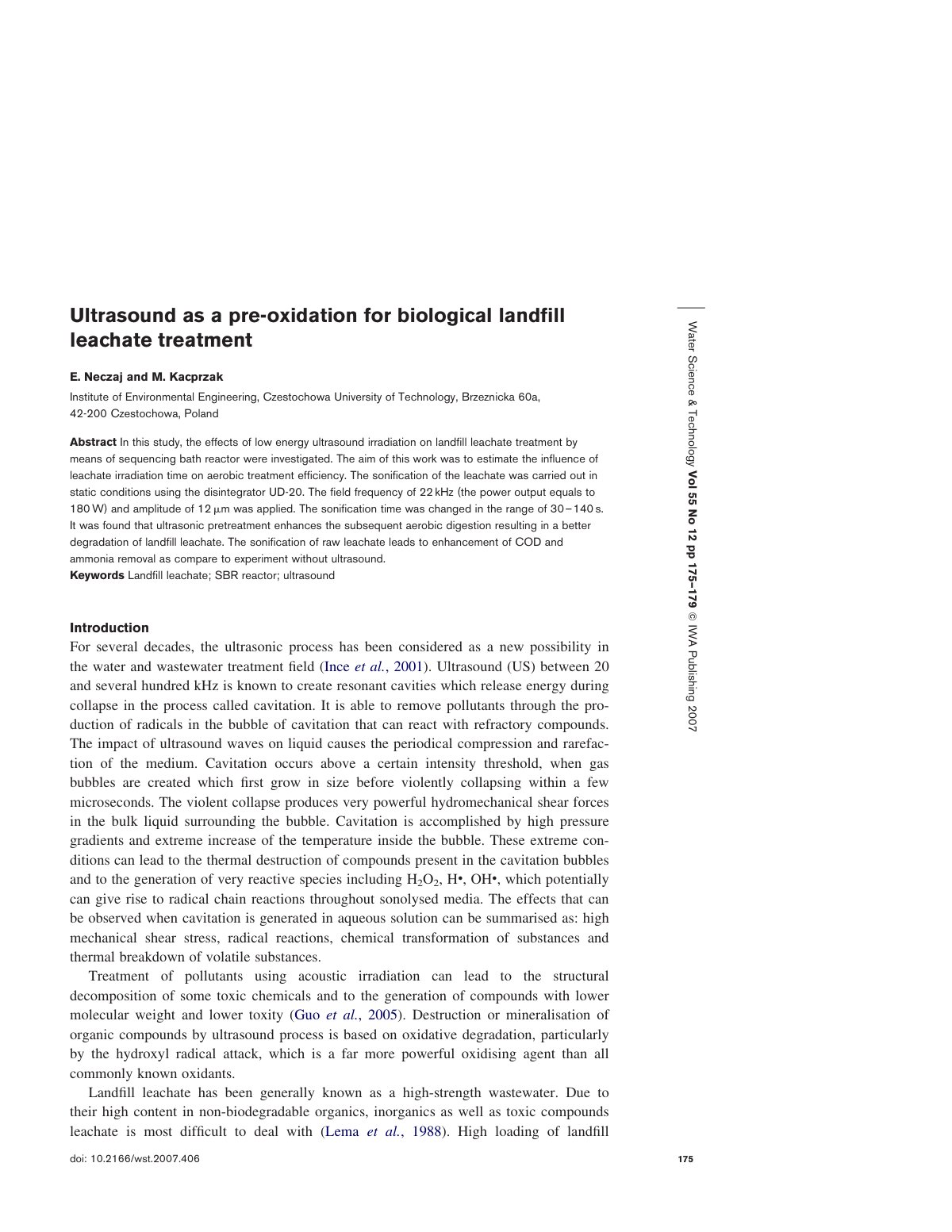 First page of Ultrasound as a pre-oxidation for biological landfill leachate treatment