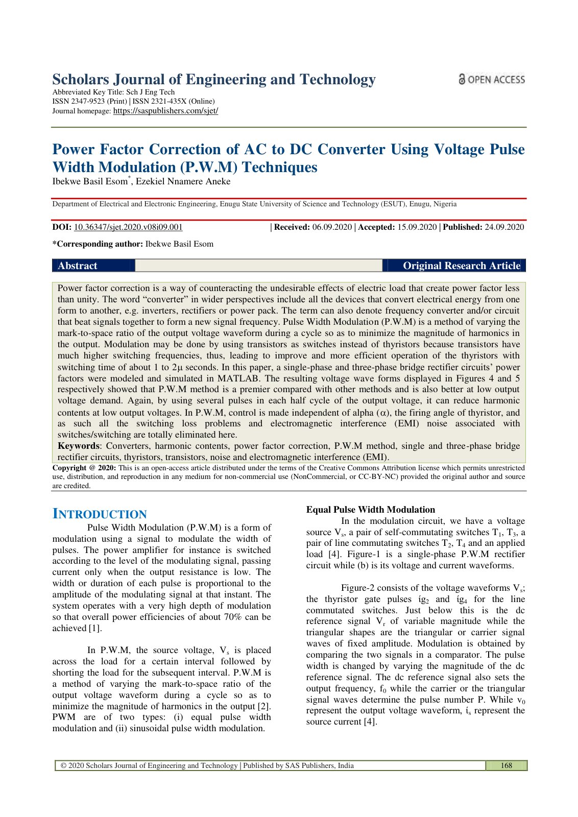 First page of Power Factor Correction of AC to DC Converter Using Voltage Pulse Width Modulation (P.W.M) Techniques