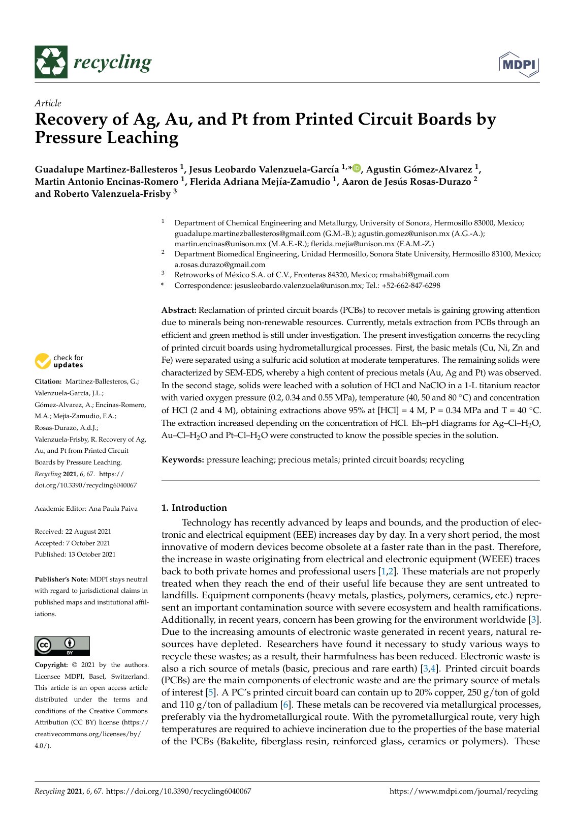 First page of Recovery of Ag Au and Pt from Printed Ci
