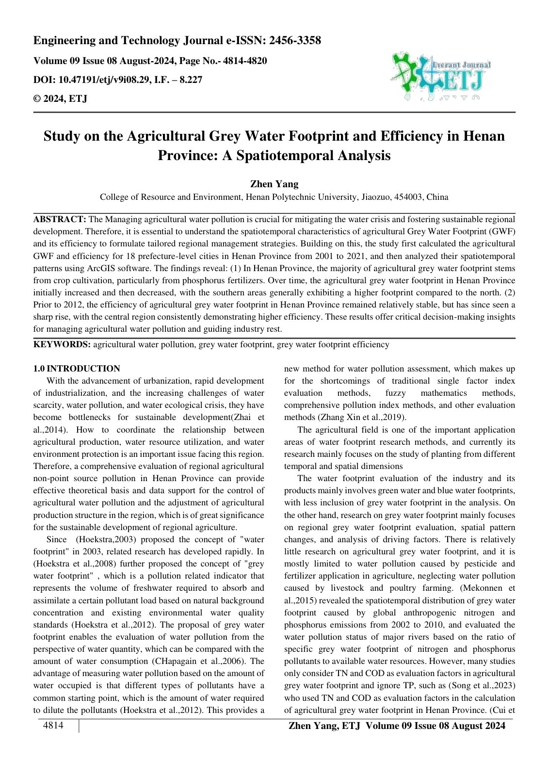 First page of Study on the Agricultural Grey Water Footprint and Efficiency in Henan Province: A Spatiotemporal Analysis