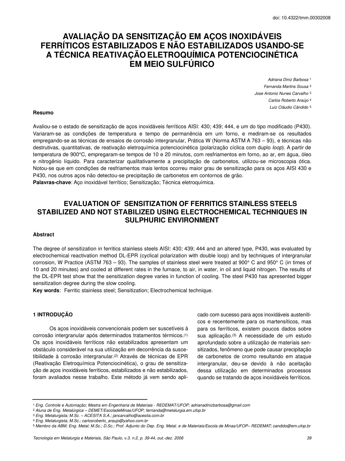 First page of Avaliacao Da Sensitizacao Em Acos Inoxid