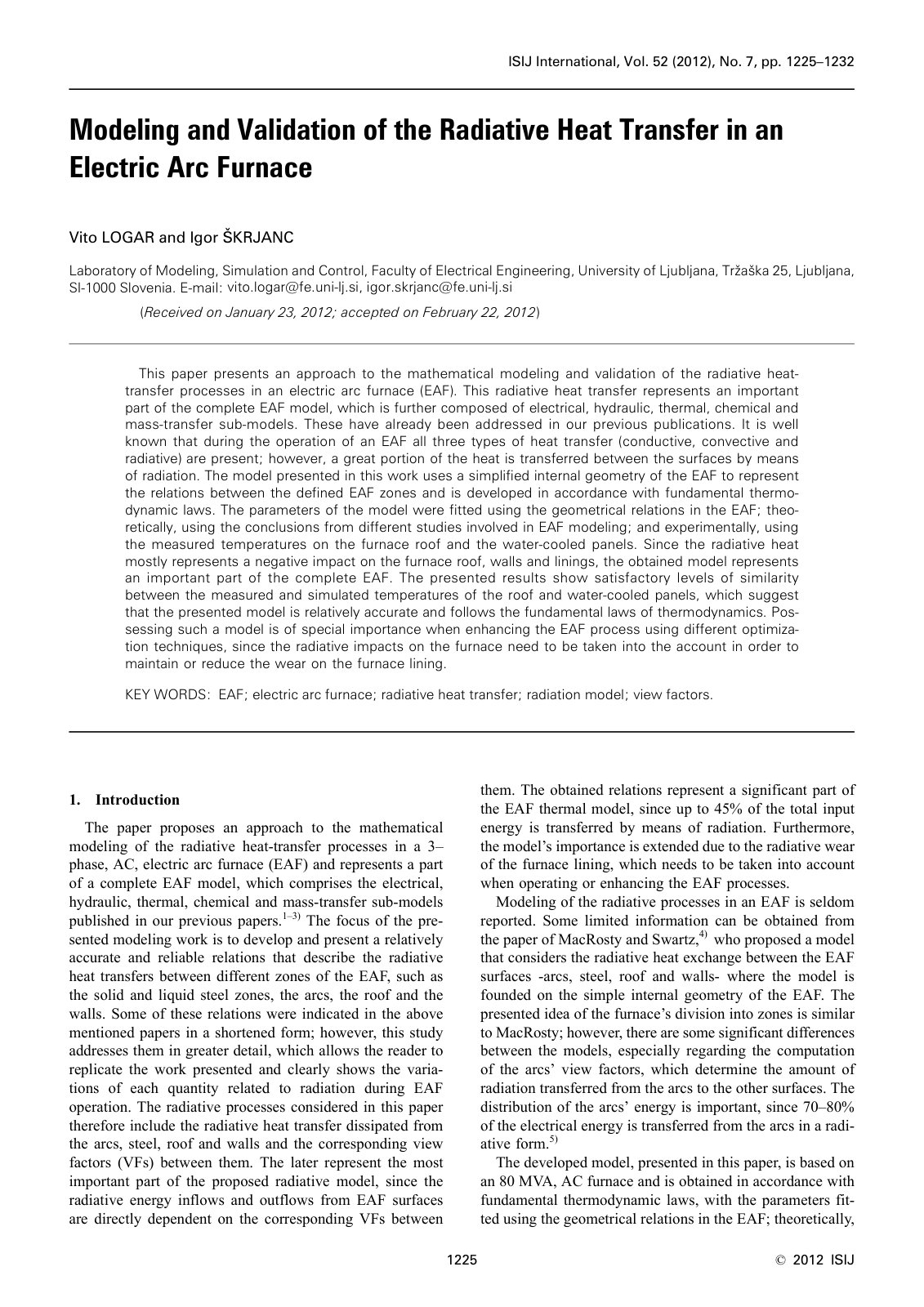 First page of Modeling and Validation of the Radiative Heat Transfer in an Electric Arc Furnace