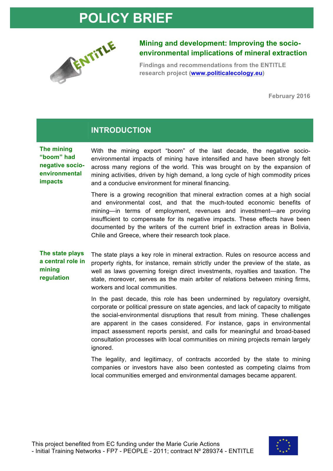 First page of Mining and development: Improving the socio-environmental implications of mineral extraction