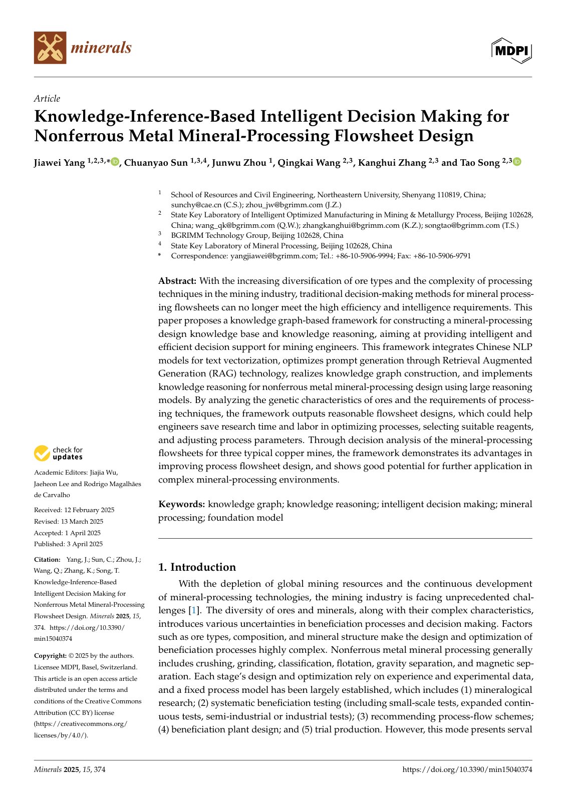 First page of Knowledge-Inference-Based Intelligent Decision Making for Nonferrous Metal Mineral-Processing Flowsheet Design