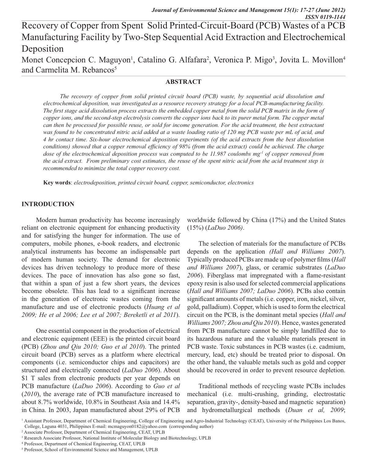 First page of Recovery of Copper from Spent Solid Prin