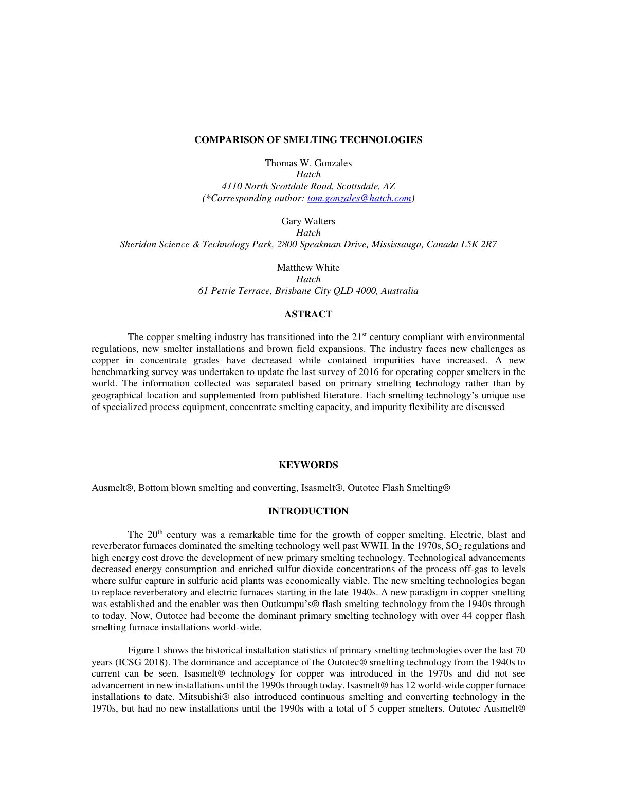 First page of COMPARISON OF SMELTING TECHNOLOGIES