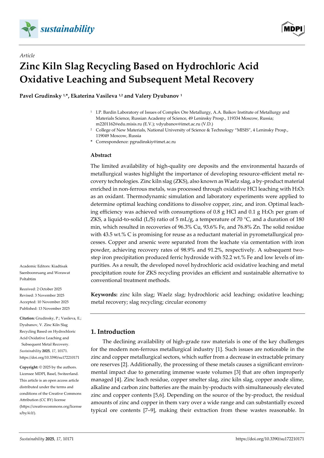 First page of 2025   Grudinsky   Hydrochloric Acid Leaching of Zinc Kiln Slag