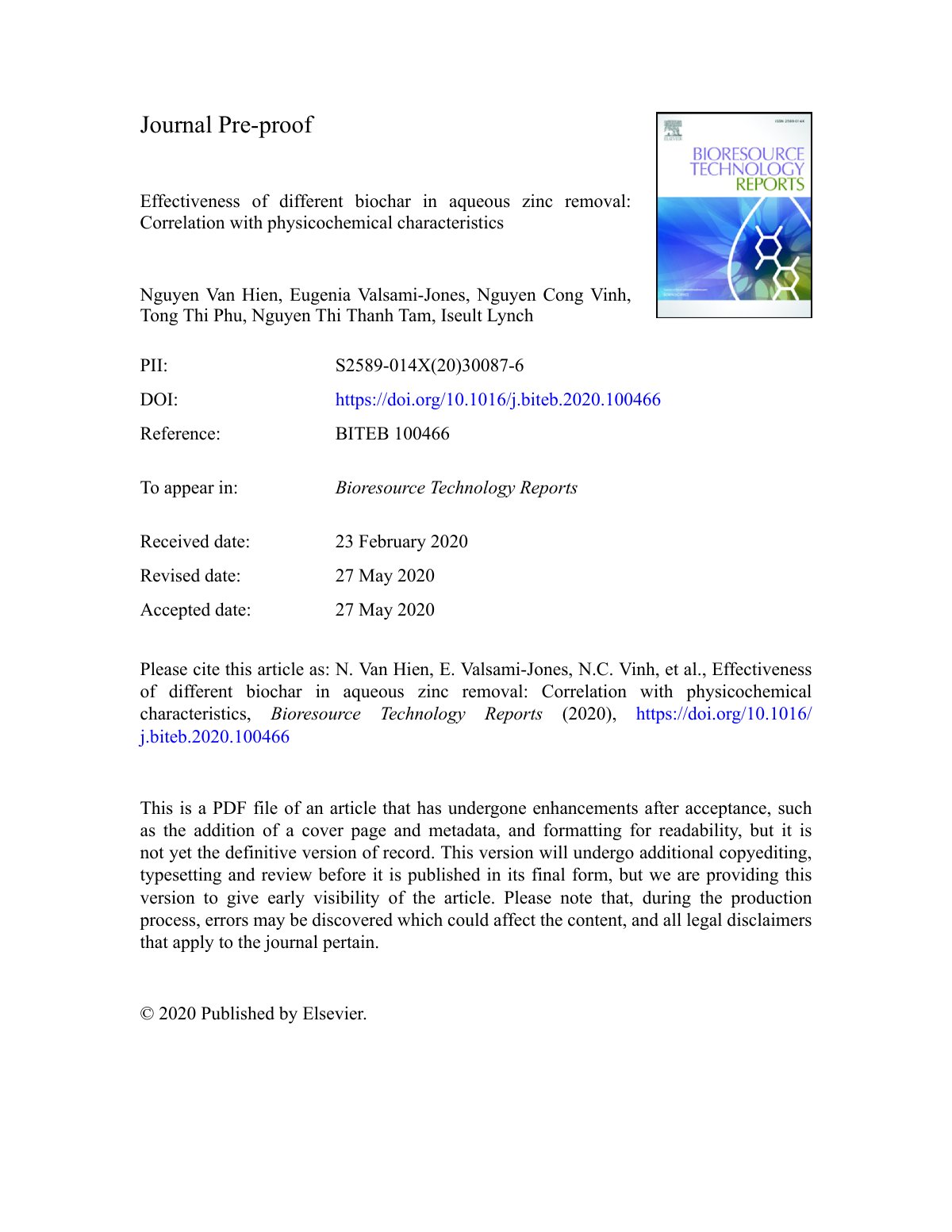 First page of Effectiveness of different biochar in aqueous zinc removal: Correlation with physicochemical characteristics