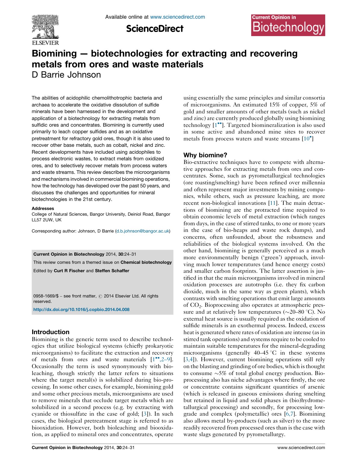 First page of Biomining biotechnologies for extracting