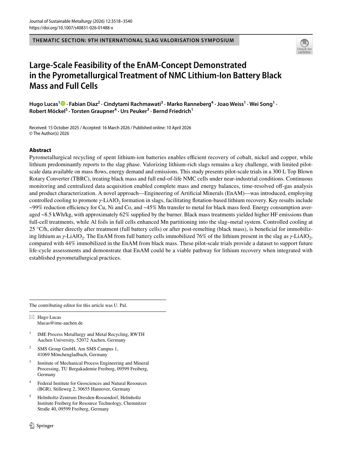 First page of 2026 Lucas EnAM Pyrometallurgical NMC Battery Recycling TBRC