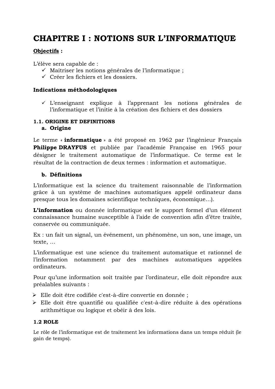 First page of COURS D'INFORMATIQUE DE 3ème C.G 1 1(0)