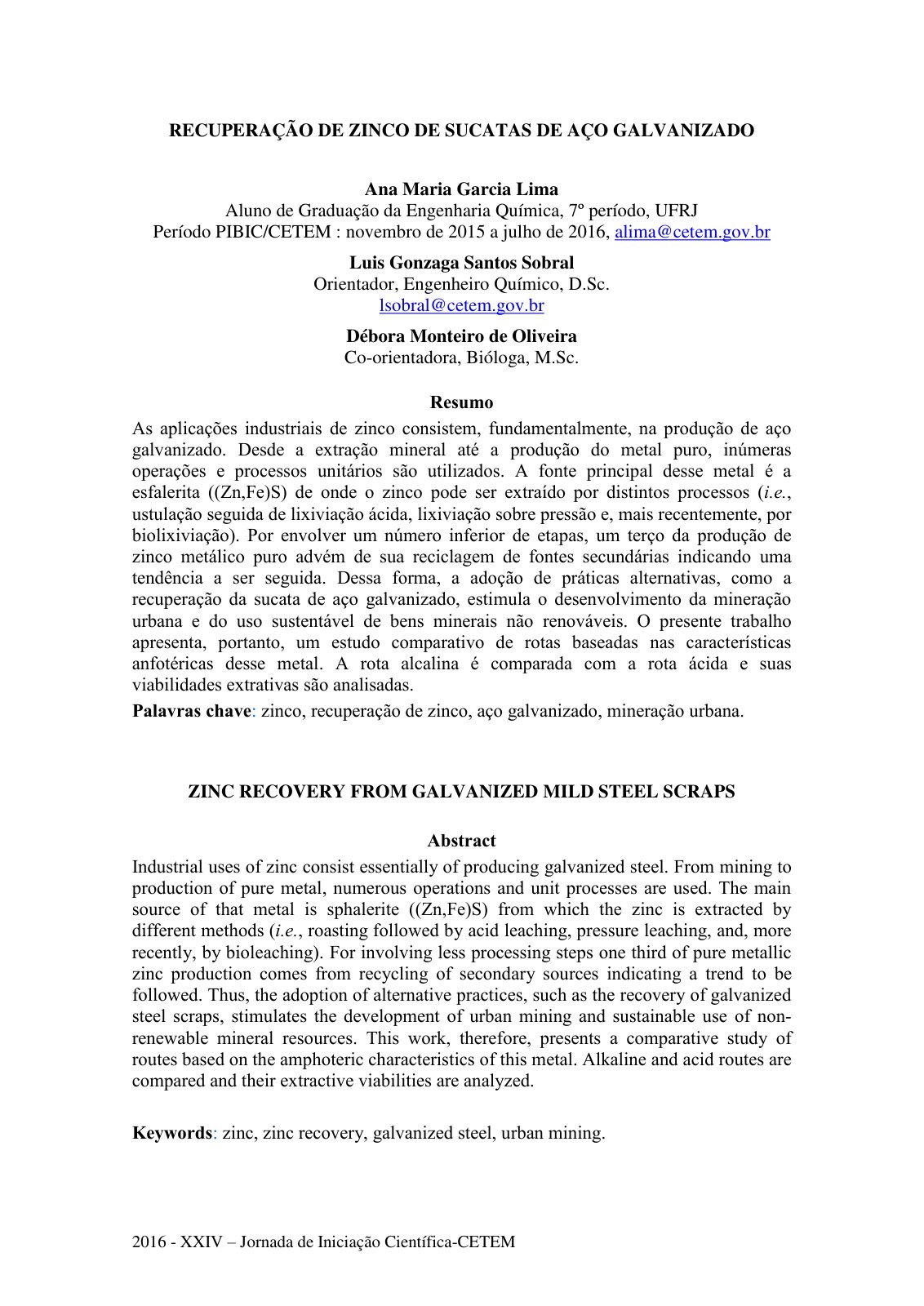 First page of Recuperacao de zinco de sucatas de aco g