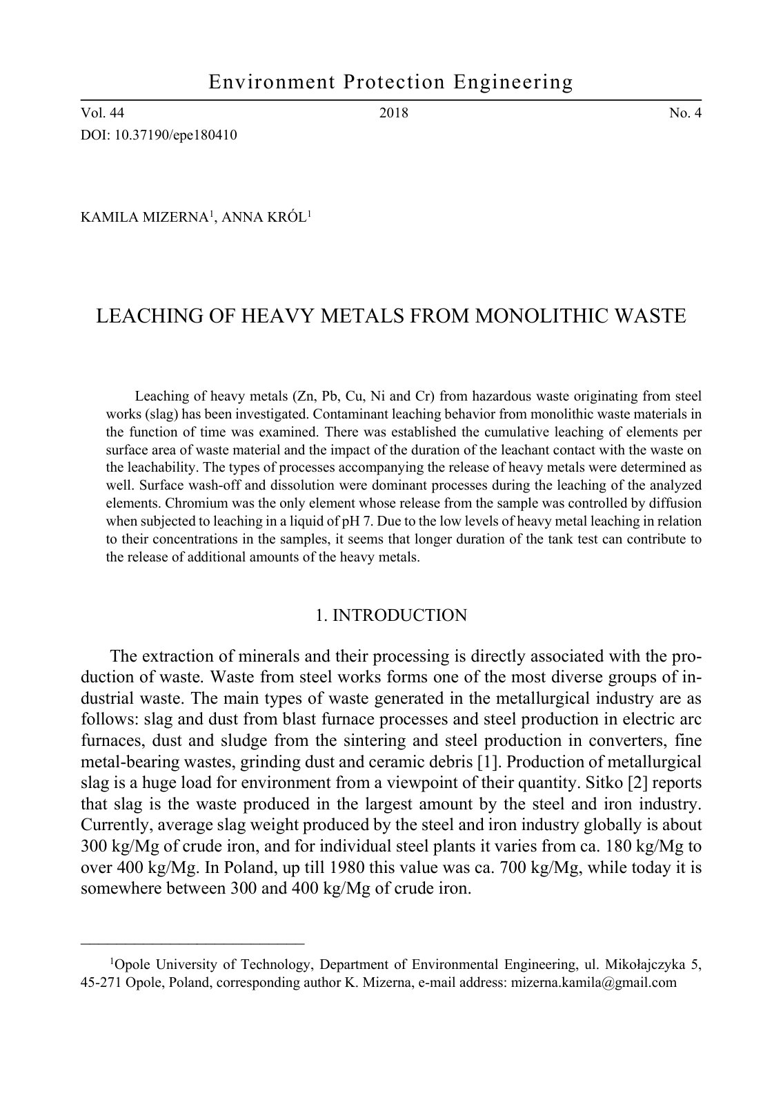 First page of Leaching of heavy metals from monolithic