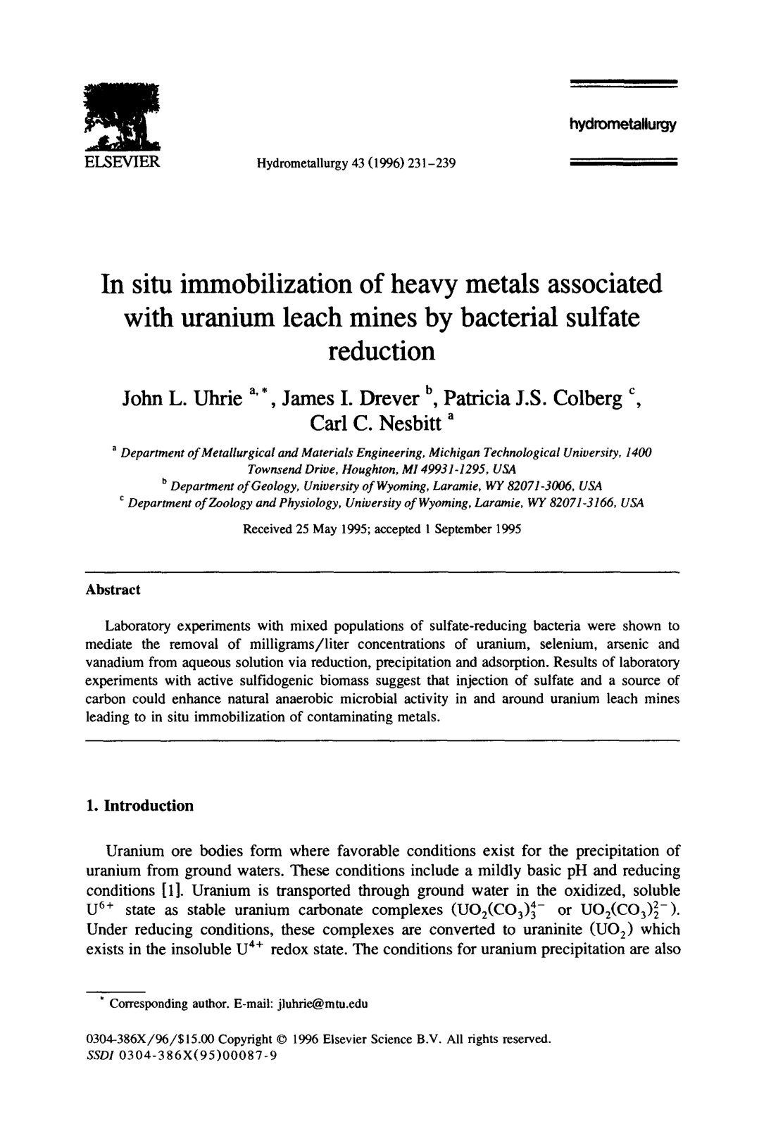 First page of In situ immobilization of heavy metals associated with uranium leach mines by bacterial sulfate reduction