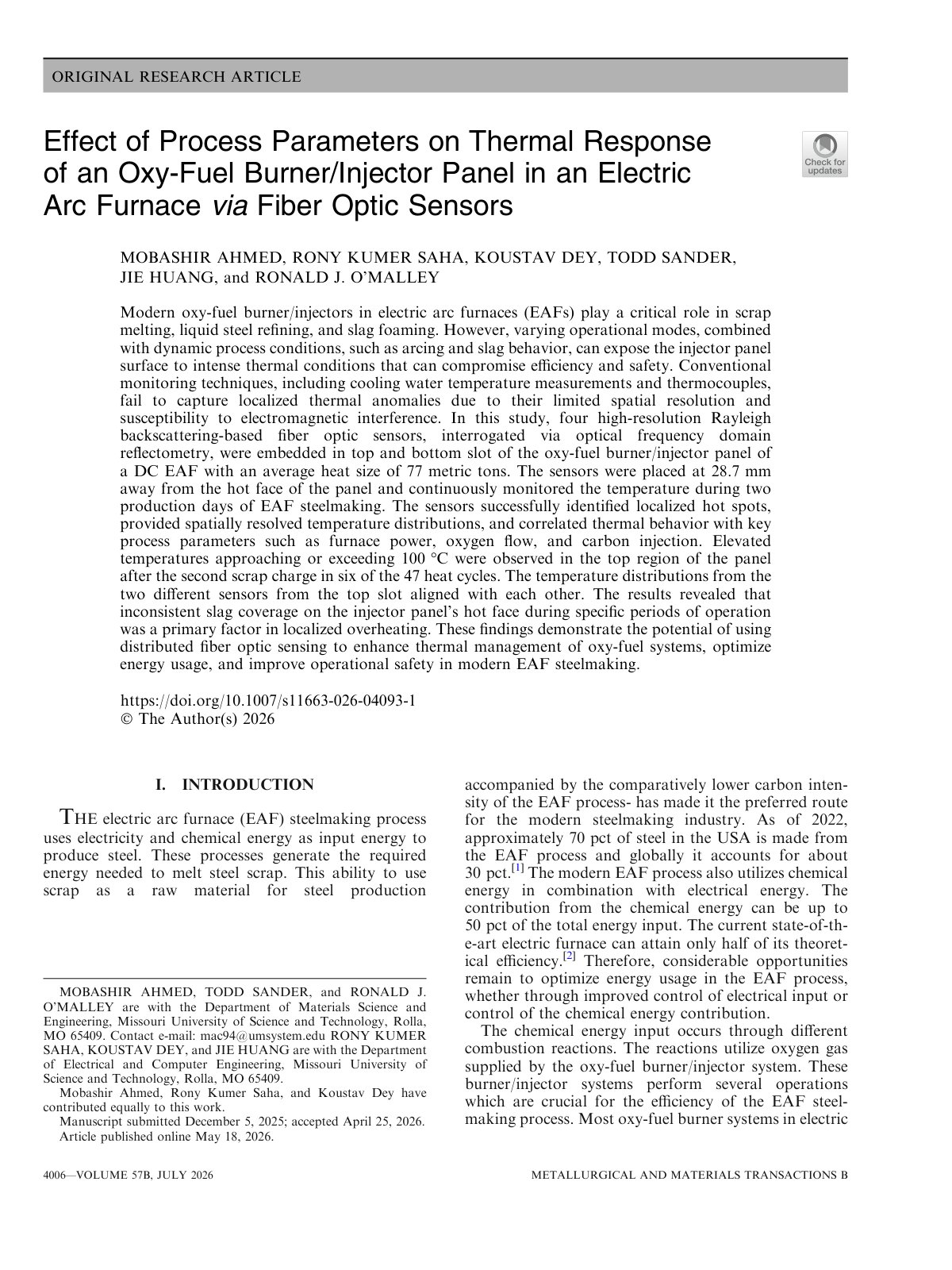 First page of 2026 Ahmed EAF Oxy Fuel Burner Thermal Response