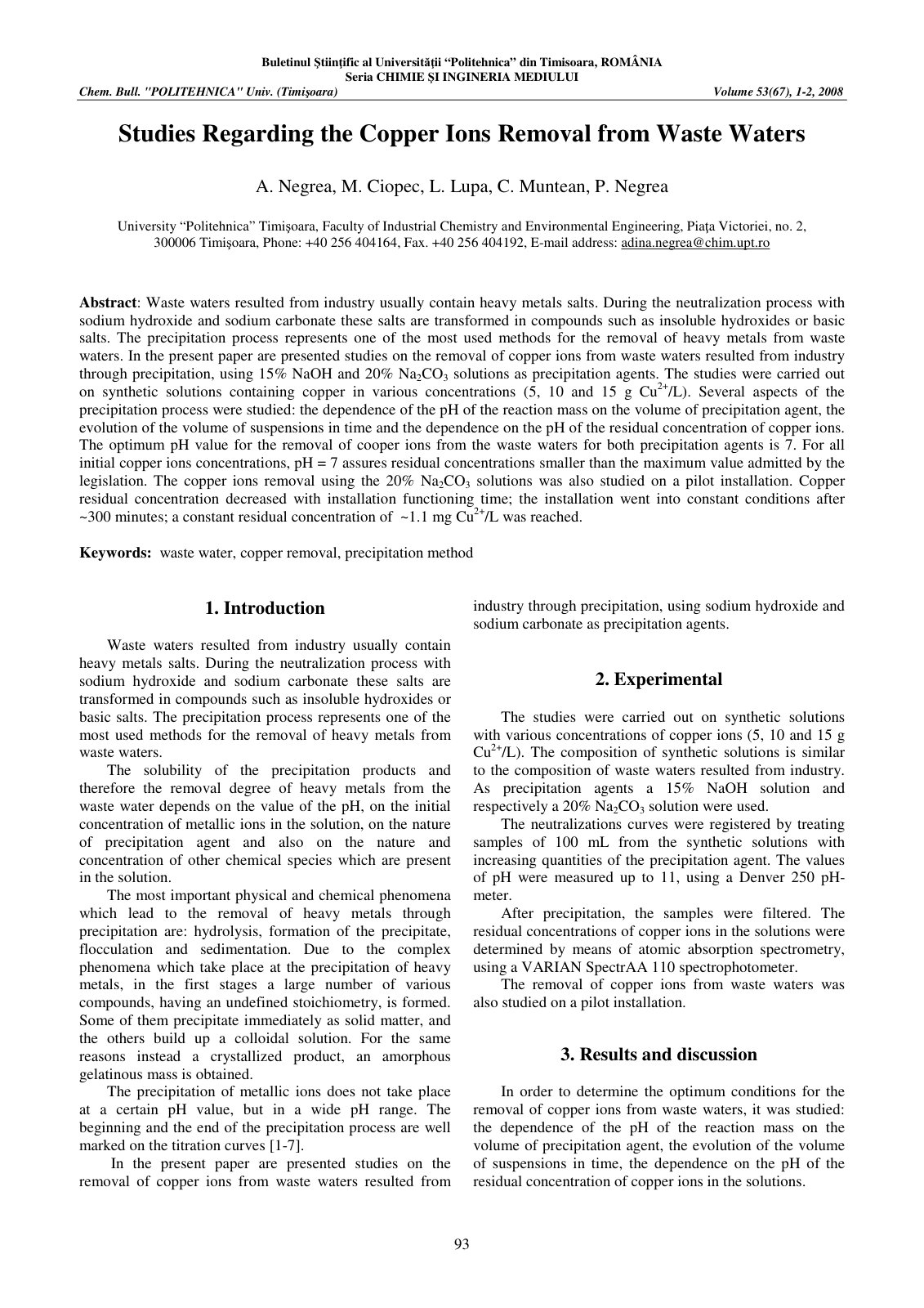 First page of Studies Regarding the Copper Ions Removal from Waste Waters