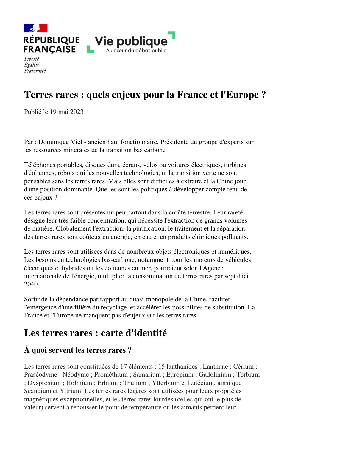 First page of terres rares enjeux france europe