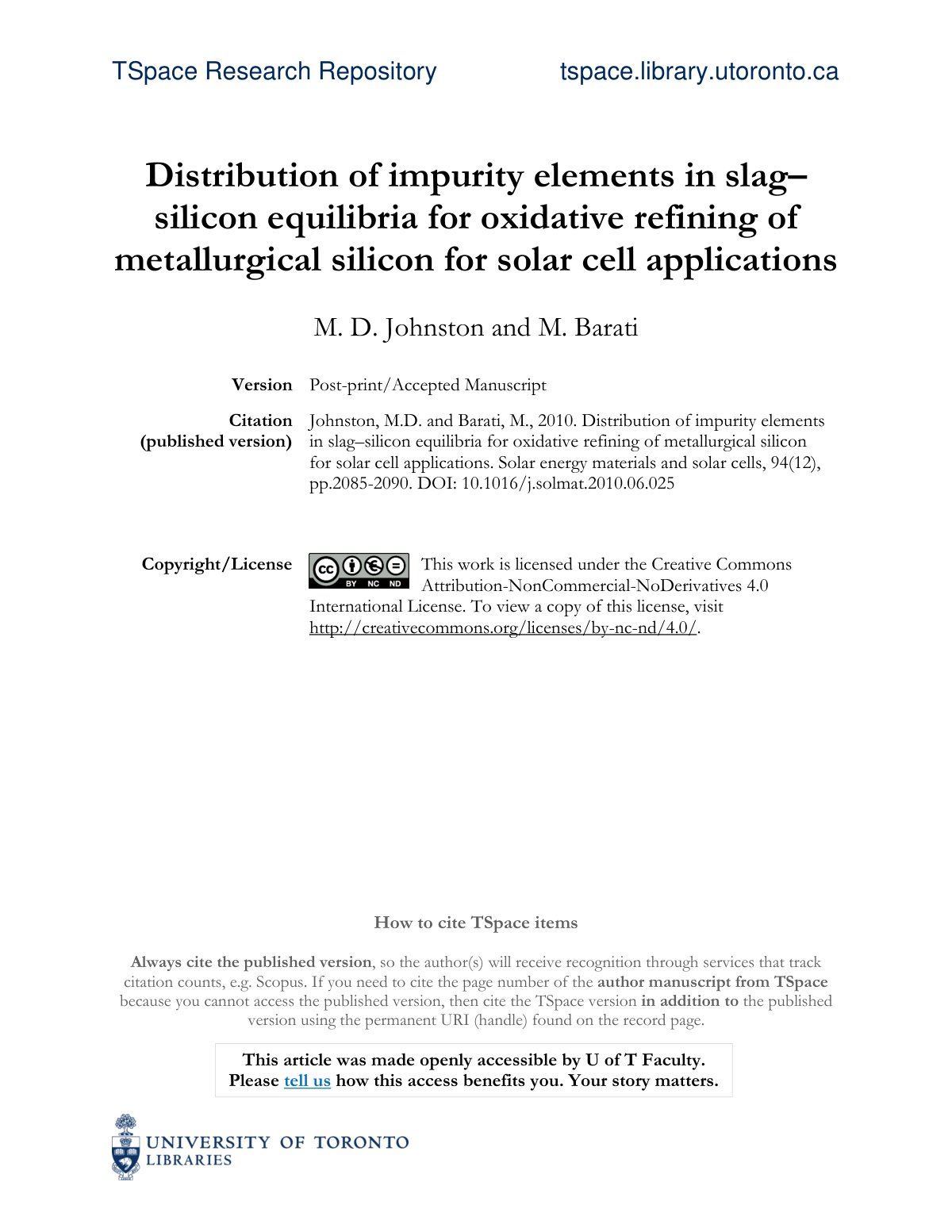 First page of Distribution of impurity elements in slag–silicon equilibria for oxidative refining of metallurgical silicon for solar cell applications