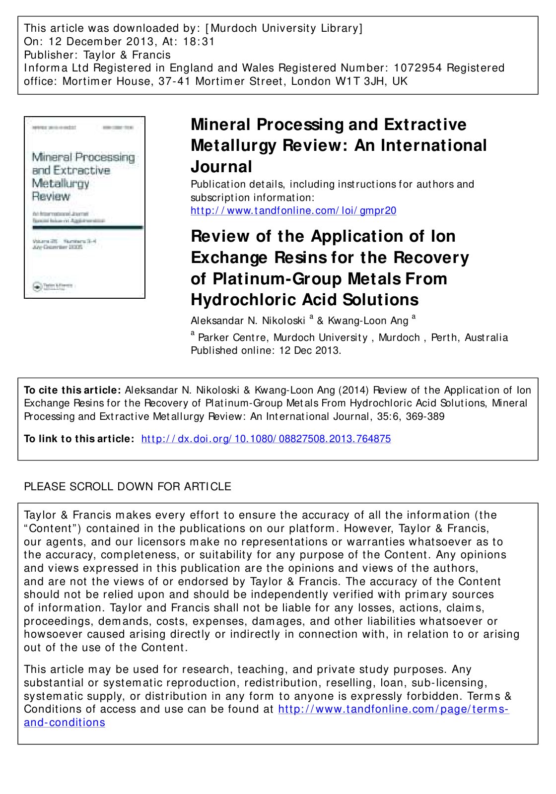 First page of Review of the Application of Ion Exchang