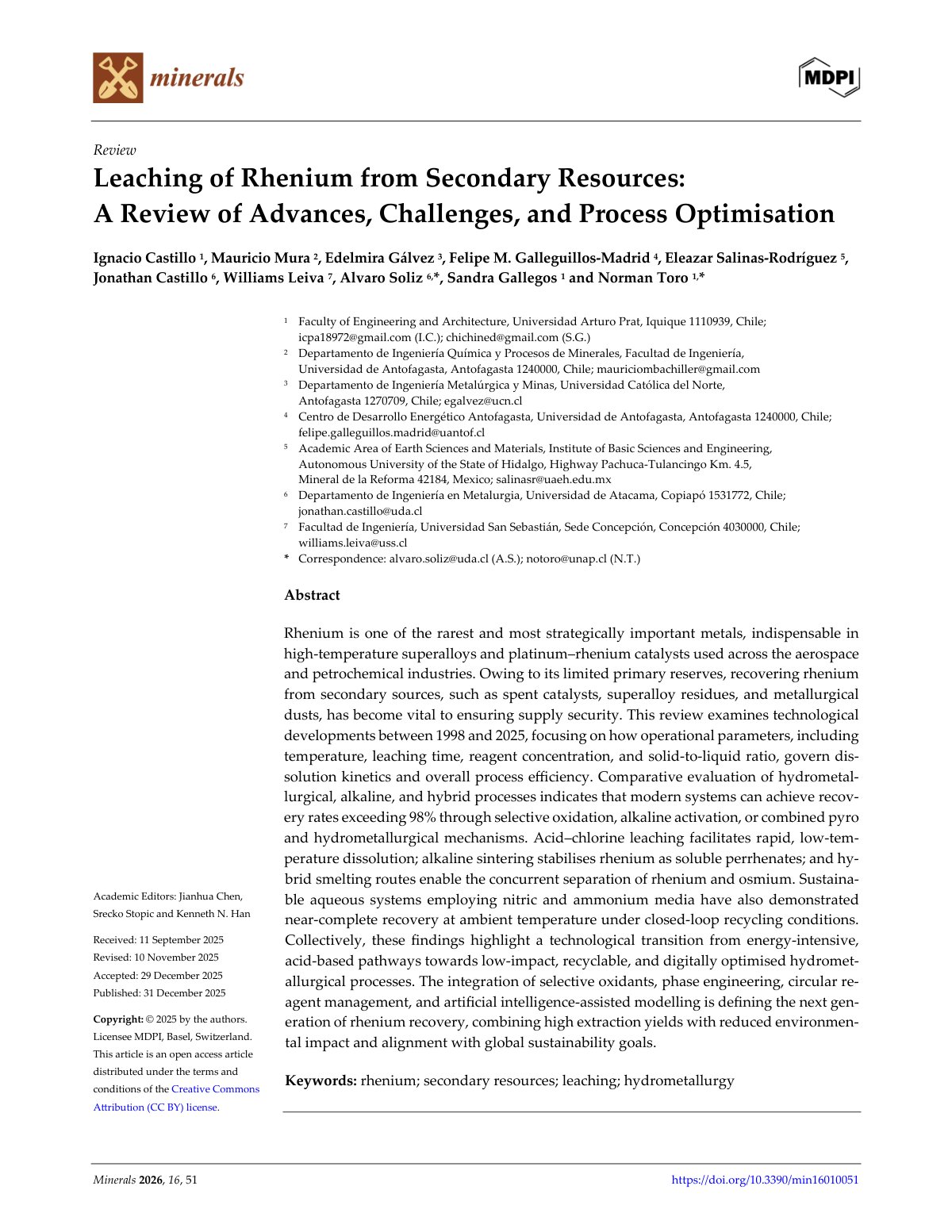 First page of Leaching of Rhenium from Secondary Resources: A Review of Advances, Challenges, and Process Optimisation