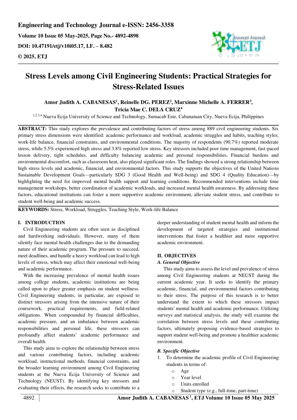 First page of Stress Levels among Civil Engineering Students: Practical Strategies for  Stress-Related Issues  