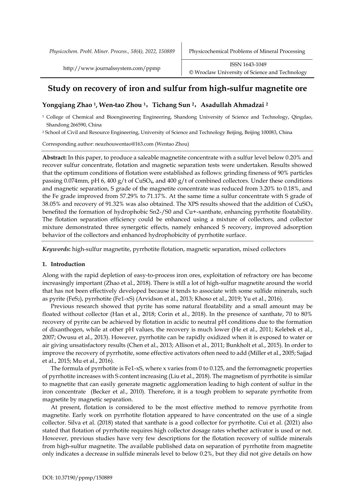 First page of Study on recovery of iron and sulfur from high-sulfur magnetite ore
