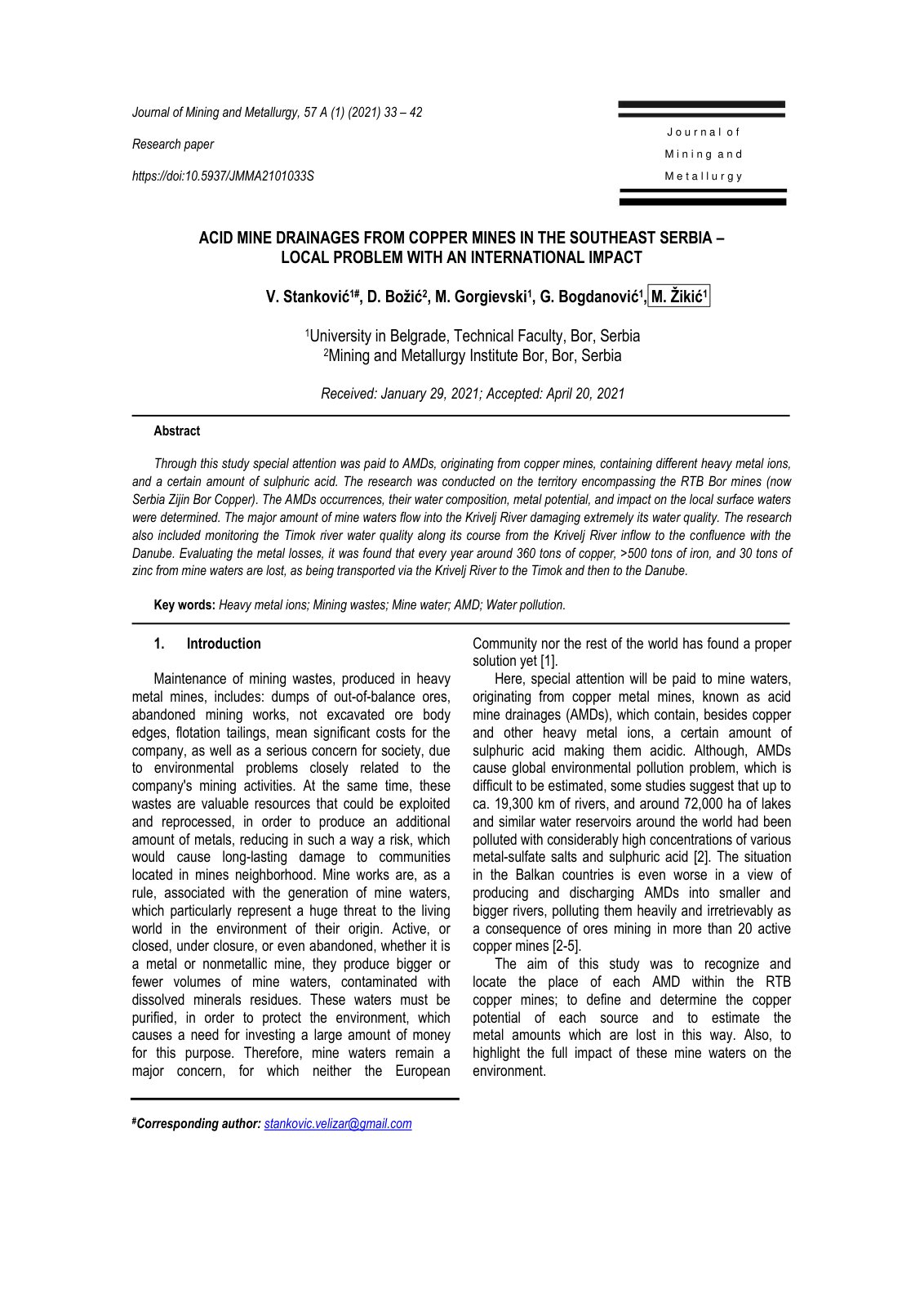 First page of Acid mine drainages from copper mines in