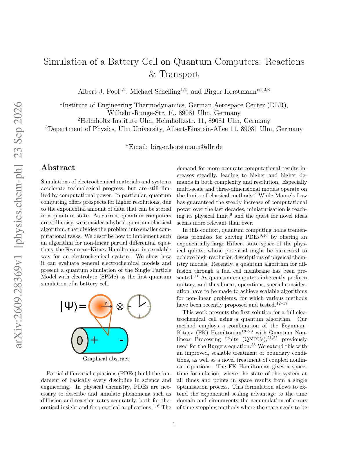 First page of Simulation of a Battery Cell on Quantum Computers: Reactions     Transport