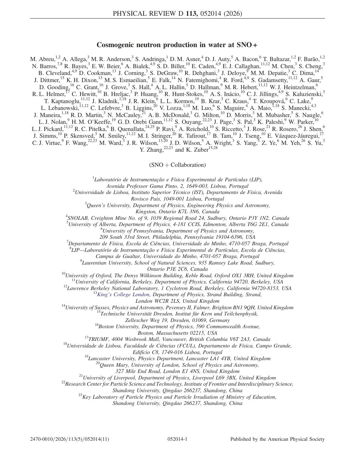 First page of Cosmogenic neutron production in water at SNO
