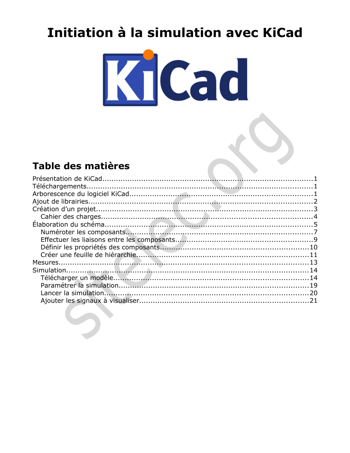 First page of Initiation à la simulation avec KiCad
