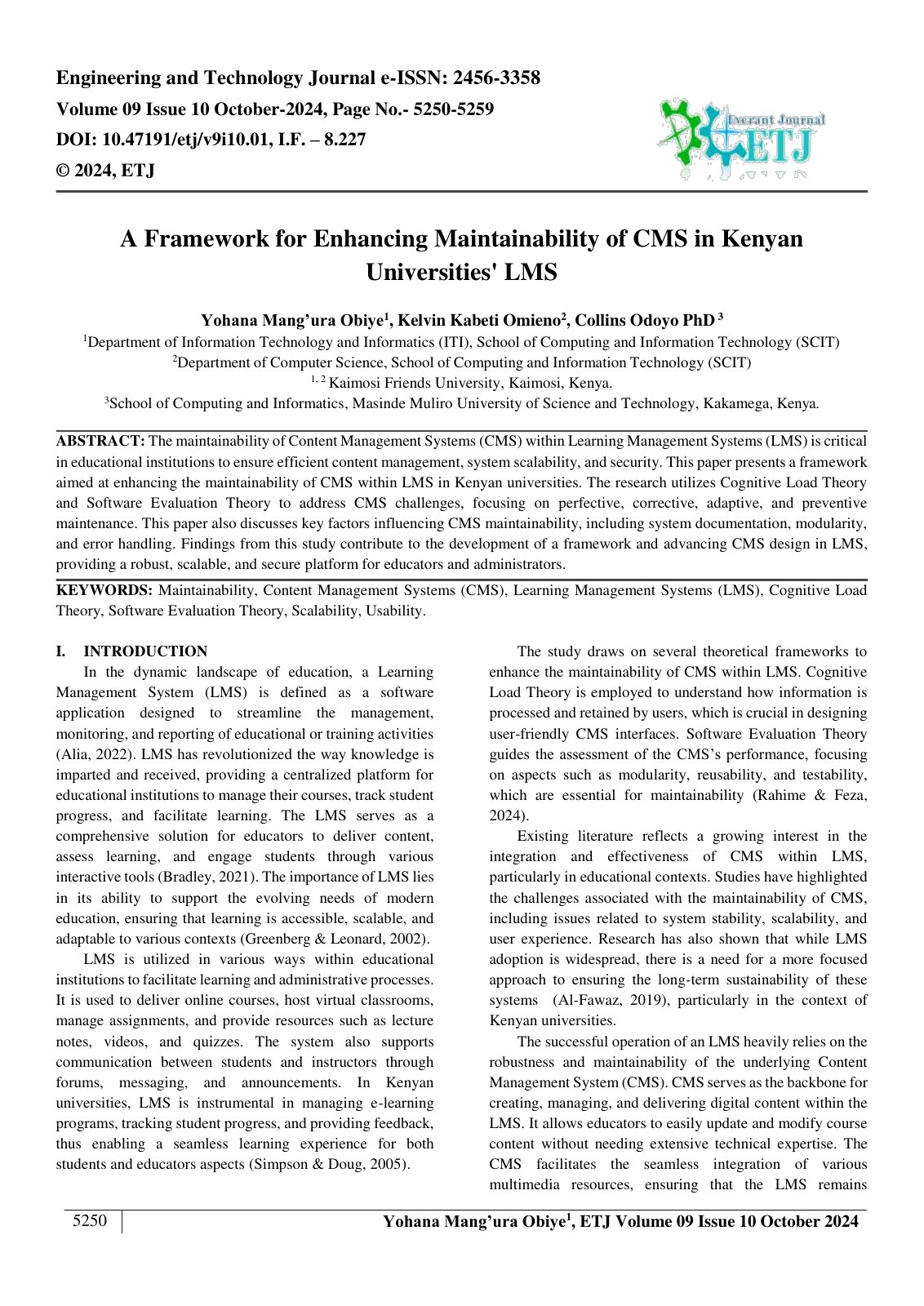 First page of A Framework for Enhancing Maintainability of CMS in Kenyan 