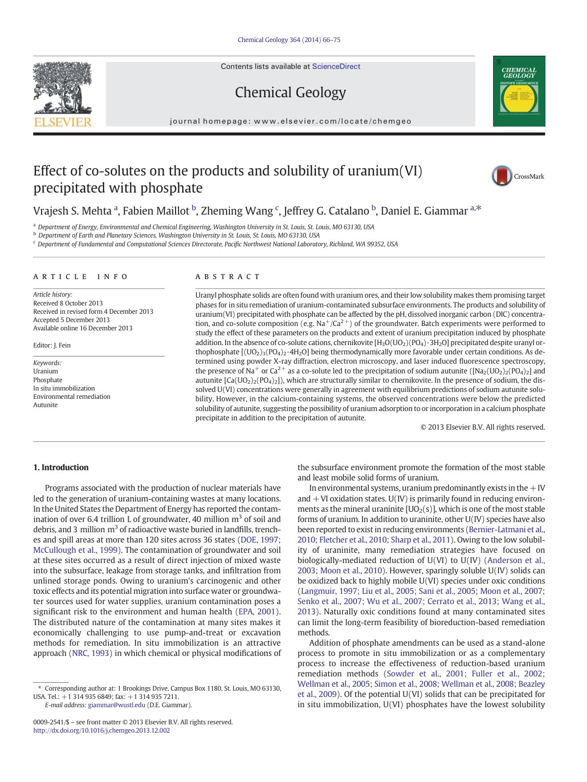 First page of Effect of co-solutes on the products and solubility of uranium(VI) precipitated with phosphate