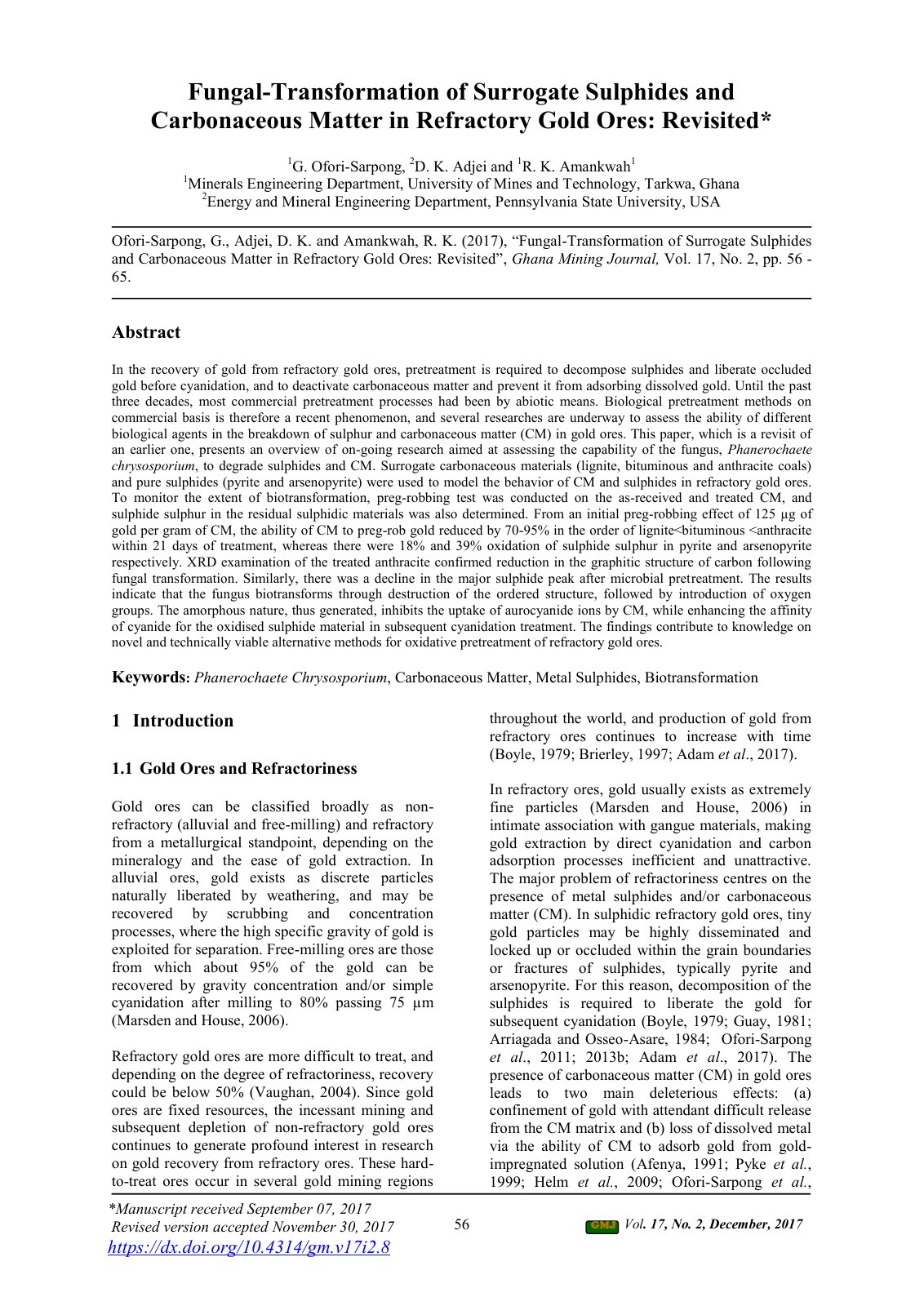 First page of Fungal-Transformation of Surrogate Sulphides and Carbonaceous Matter in Refractory Gold Ores: Revisited